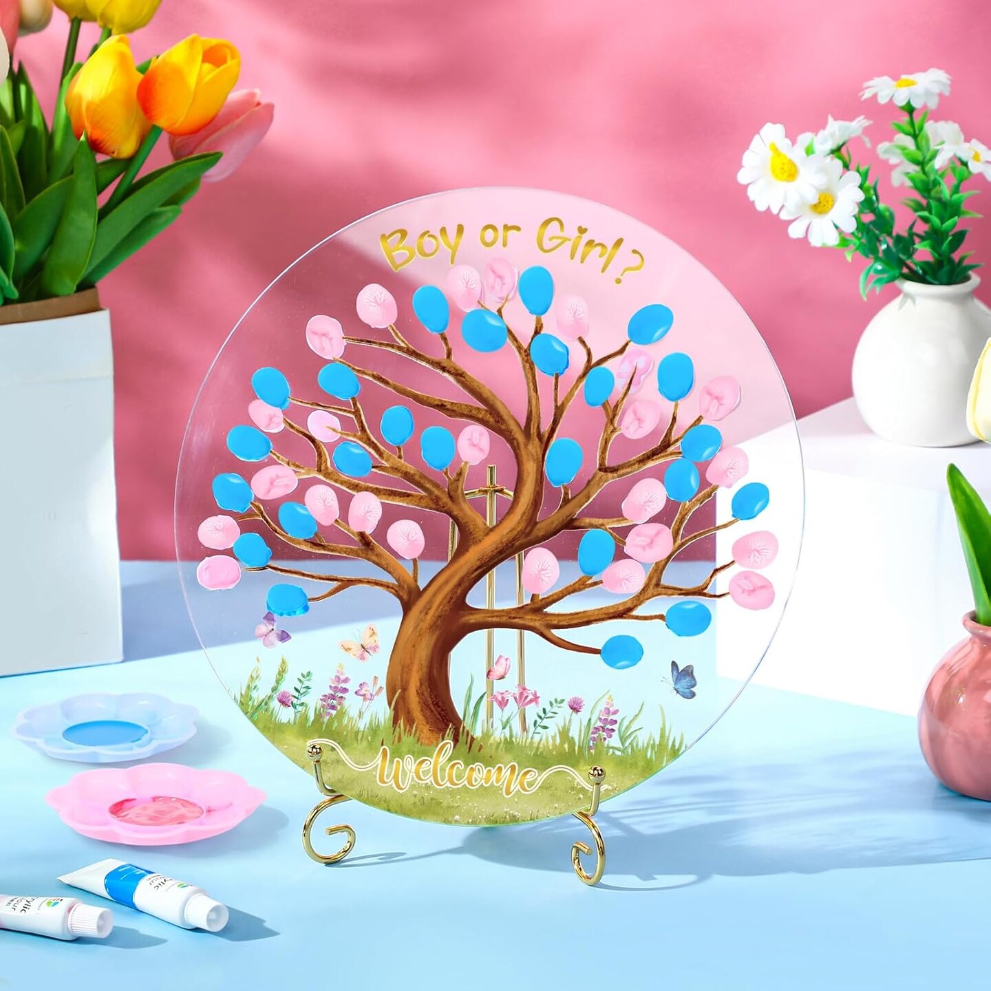 Gender Reveal Fingerprint Tree Boy or Girl Party Ideas Baby Shower Guest Book Party Game Gender Reveal Party Supplies for Baby Shower He or She Party Keepsake (Tree)
