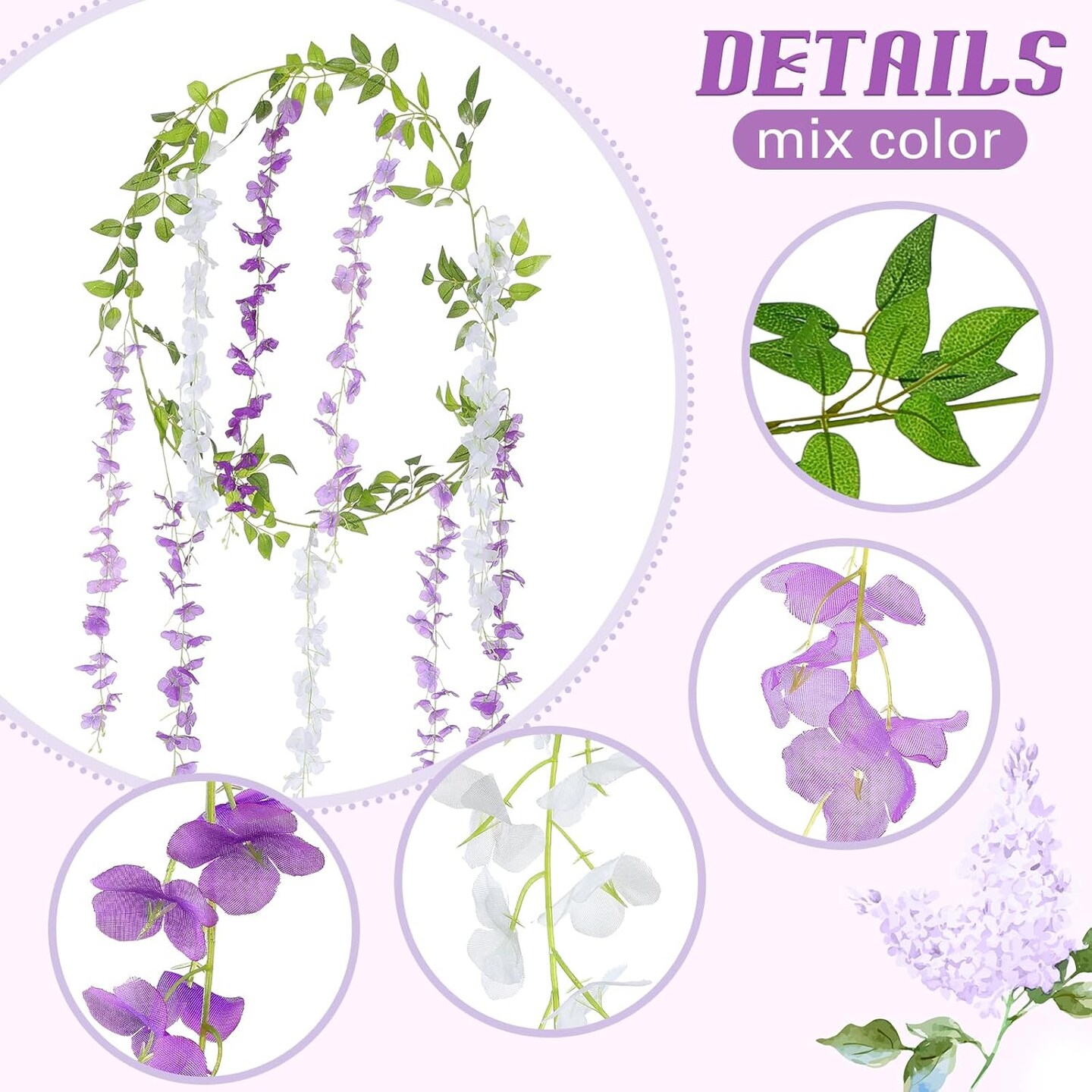 Wisteria Artificial Flowers Garland, 7.2Ft/Piece Wisteria Hanging Flowers Garland for Wedding Arch Decoration Outdoor Ceremony Home Backdrop Garden