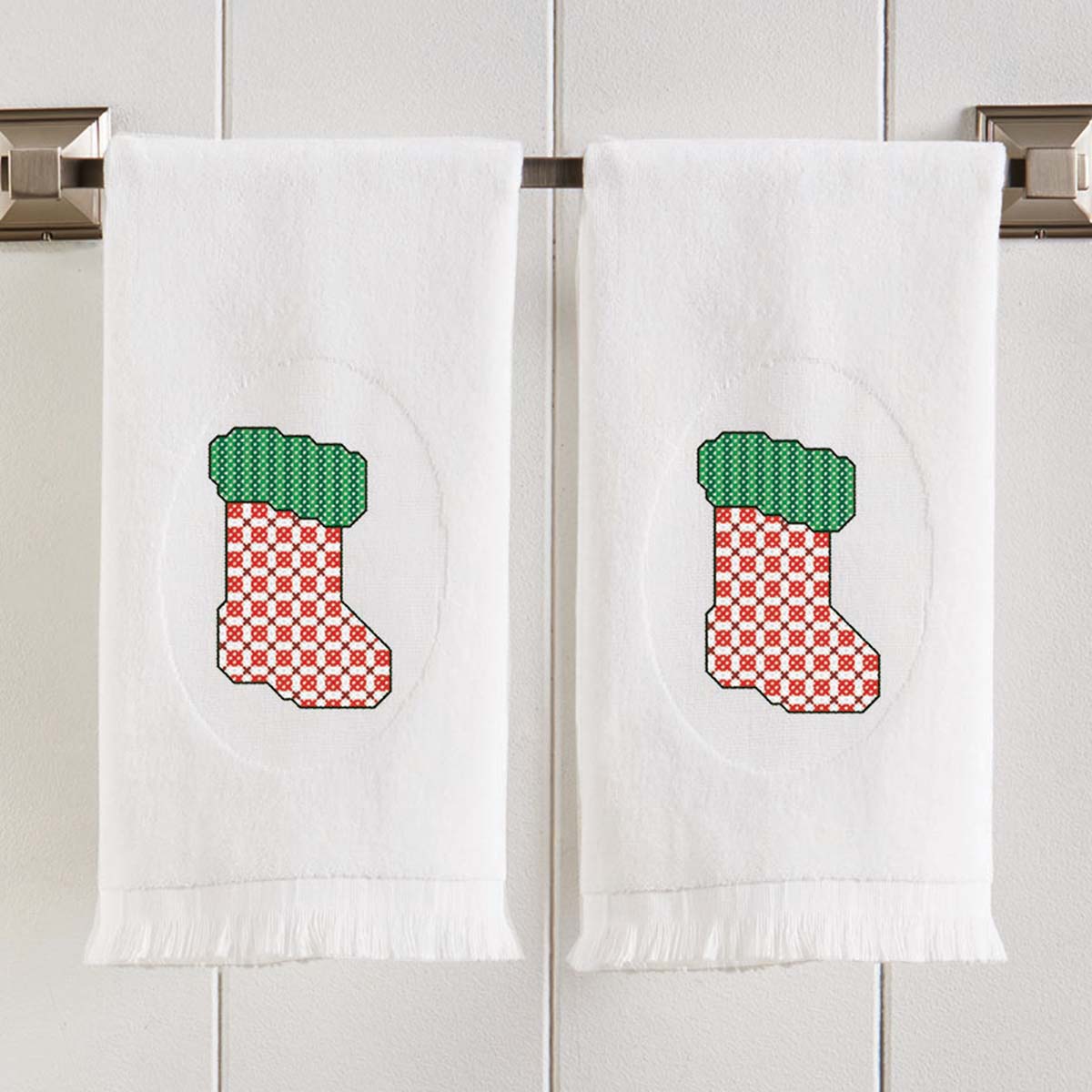 Herrschners  Gingham Stockings Terry Towel Pair Stamped Cross-Stitch