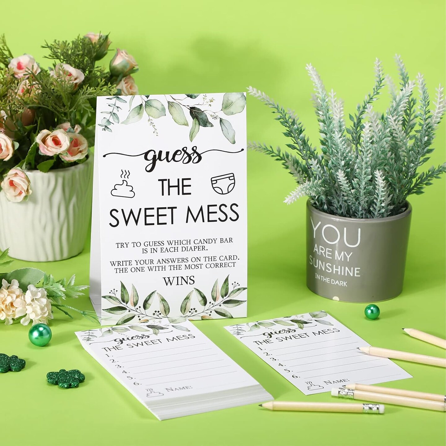 67 Pcs Guess The Sweet Mess Baby Shower Game Dirty Diaper Game Including Guess The Sweet Mess Sign 50 Small Cards 10 Pencils and 6 Number Stickers for Baby Shower Gender Reveal Party