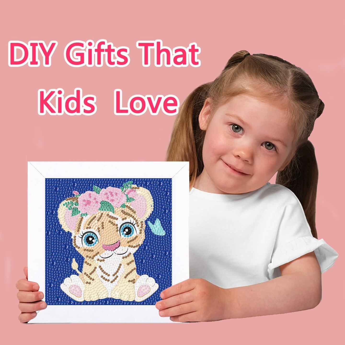 Diamond Painting for Kids, 5D Animal Diamond Art Mini Small Kit(with Wooden Frame), DIY Cute Tiger Big Gem Painting Set, Paint by Diamonds Crafts for Girls Boys Ages 4-12