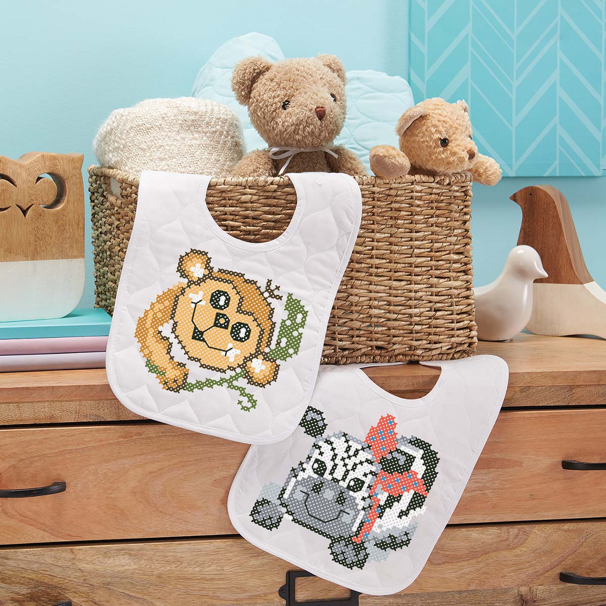 Herrschners Athletic Animals Baby Bibs Stamped Cross-Stitch Kit