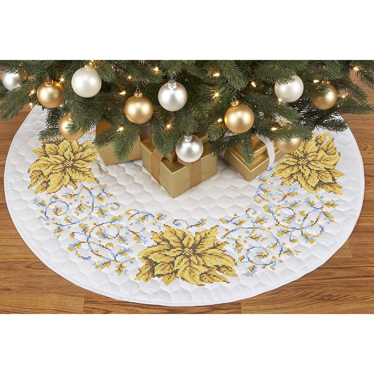 Herrschners Christmas is Golden Tree Skirt Stamped Cross-Stitch Kit