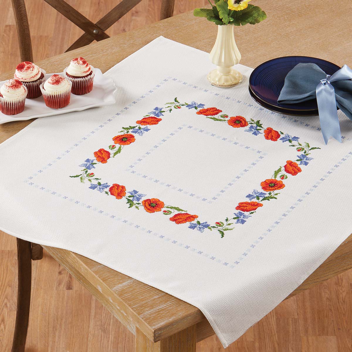 Herrschners  Poppy &#x26; Cornflower Table Topper Counted Cross-Stitch Kit
