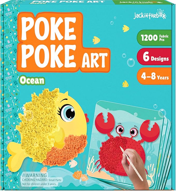 Poke Poke Art Ocean Theme Craft Kit – Mess-Free Fabric Mosaic Activity Set with Foam Animal Boards & 1200+ Pieces for Kids Ages 4–8 Educational DIY Creative Craft Gift