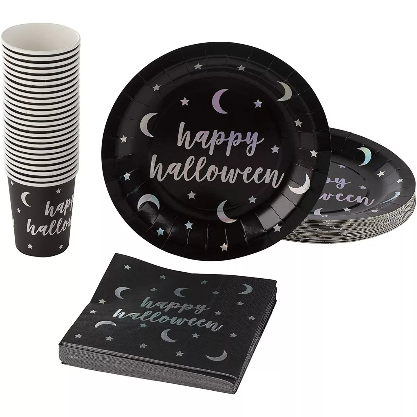 72 Piece Halloween Party Decor Pack with Plates, Napkins, Cups, Serves 24, Black