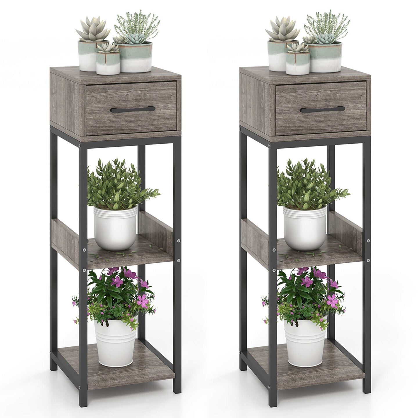 Costway 1/2 Pack 3 Tier Indoor Tall Plant Stand with Drawer Anti-tipping Devices Display Shelf