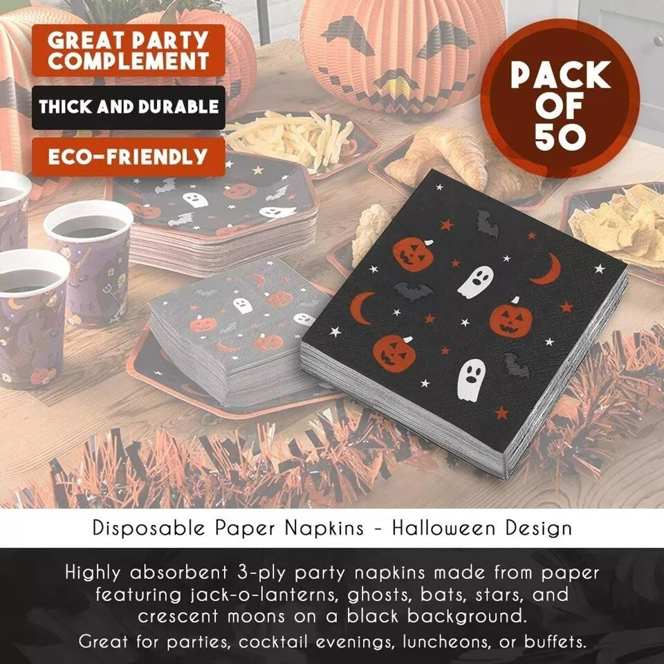 50 Pack Halloween Paper Napkins, Pumpkin Ghost Bat Cocktail Party Supplies 5x5&#x201D;