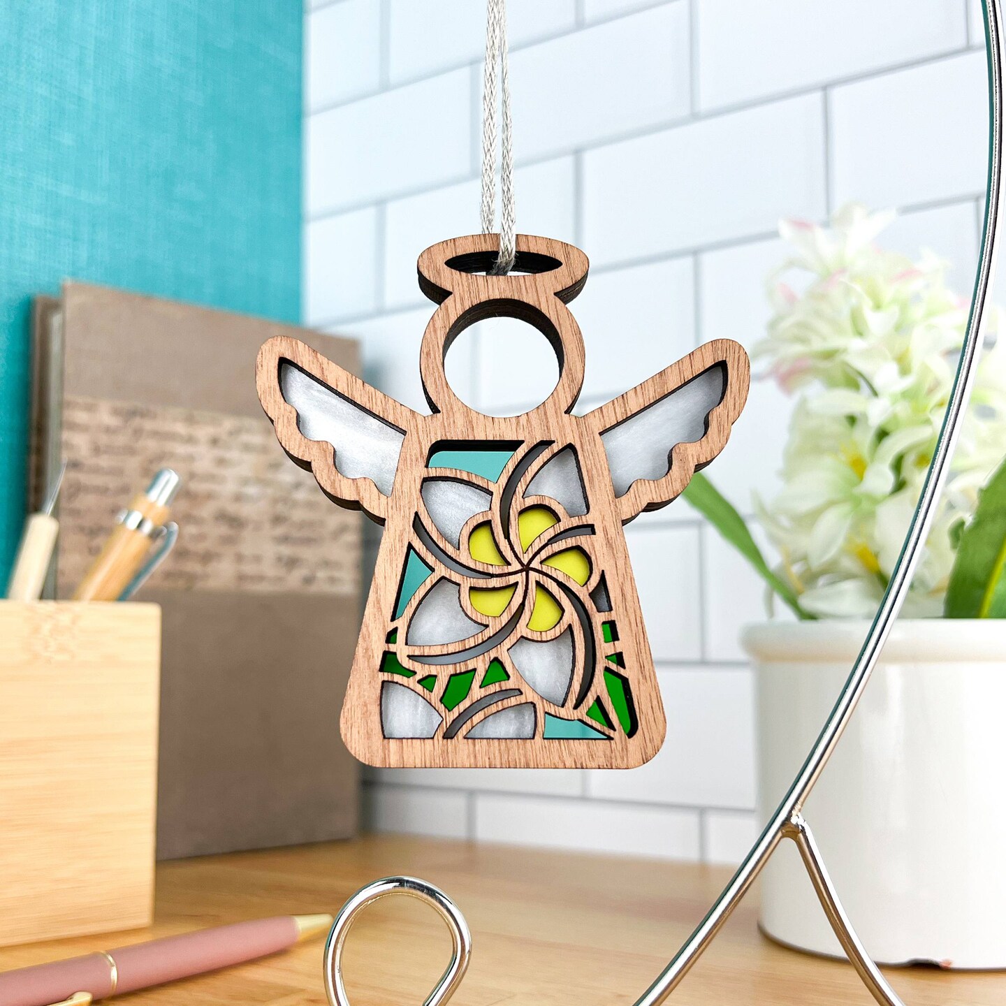 3.5" (H) White Plumeria Ornament - Handcrafted in Texas - Mother's Angels® Christmas Angel Wings Figurine
