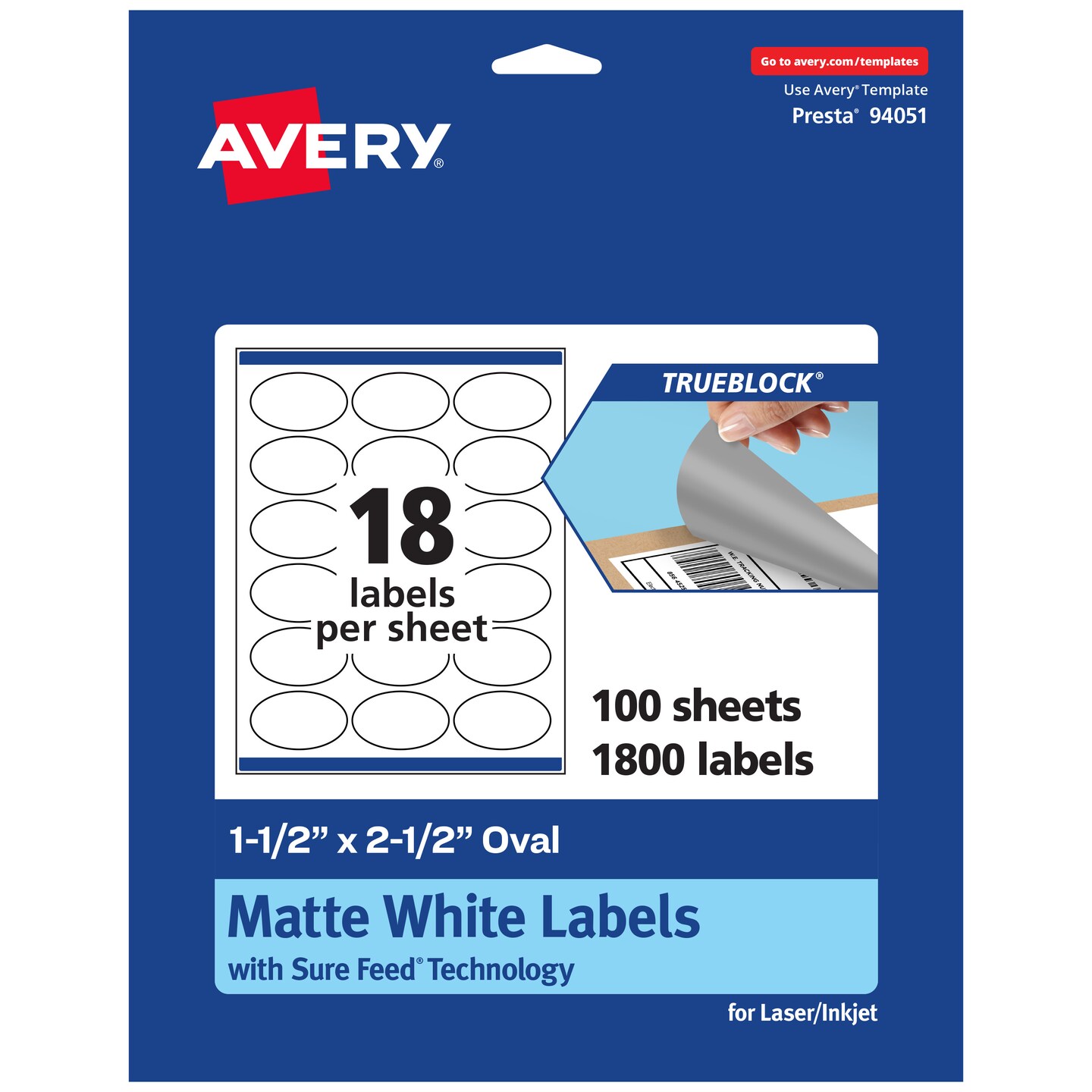 Avery TrueBlock Matte White Paper Labels,  1-1/2" x 2-1/2" Oval