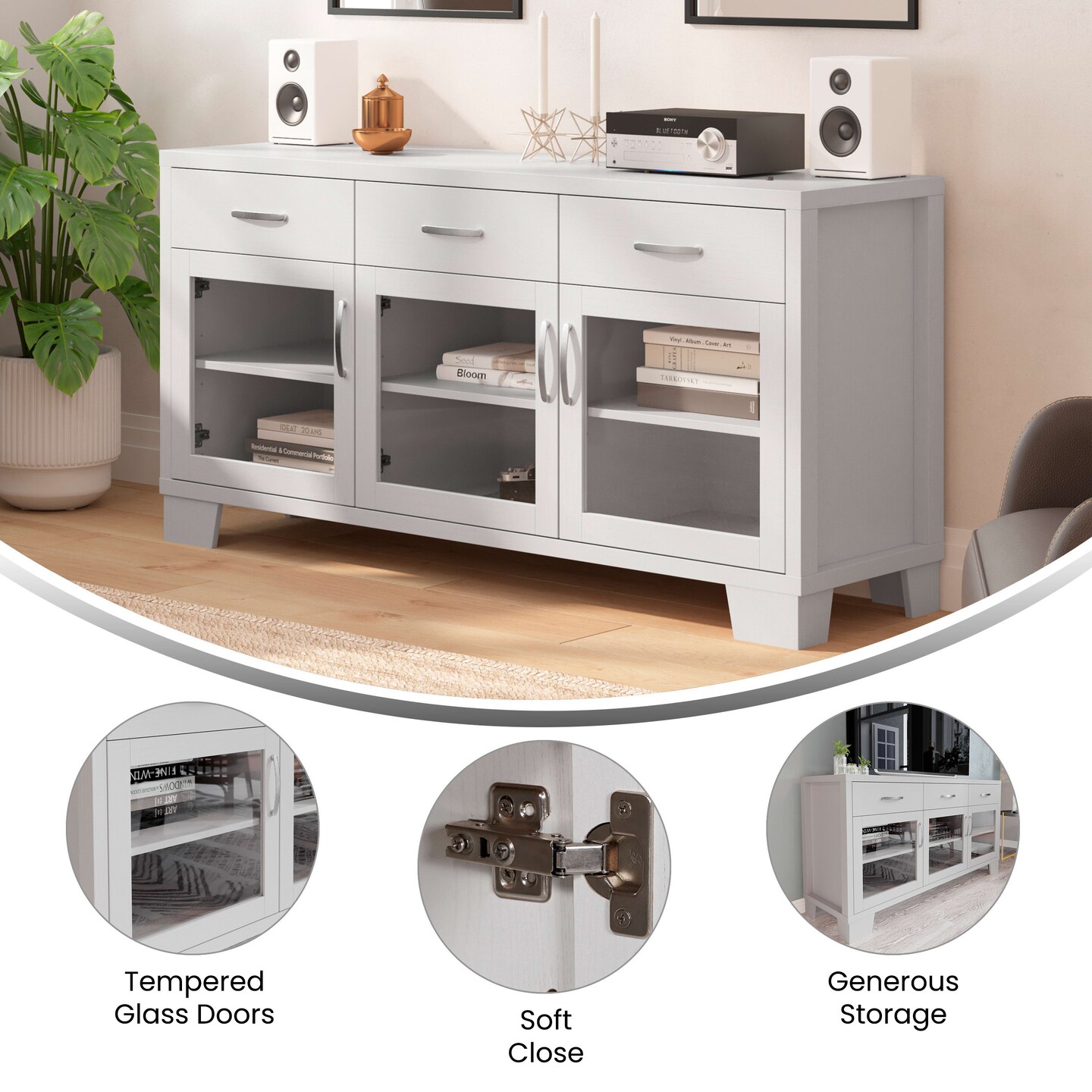 Merrick Lane Samson Three-Drawer Engineered Wood Buffet Sideboard Cabinet with Three Tempered Glass Cabinet Doors for Dining Room/Kitchen