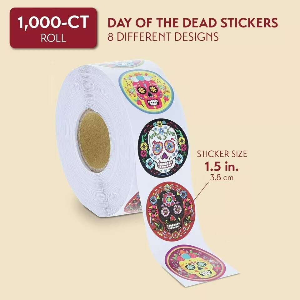 1000 Piece Day of the Dead Stickers, 1.5&#x22; Dia De Los Muertos Halloween Stickers