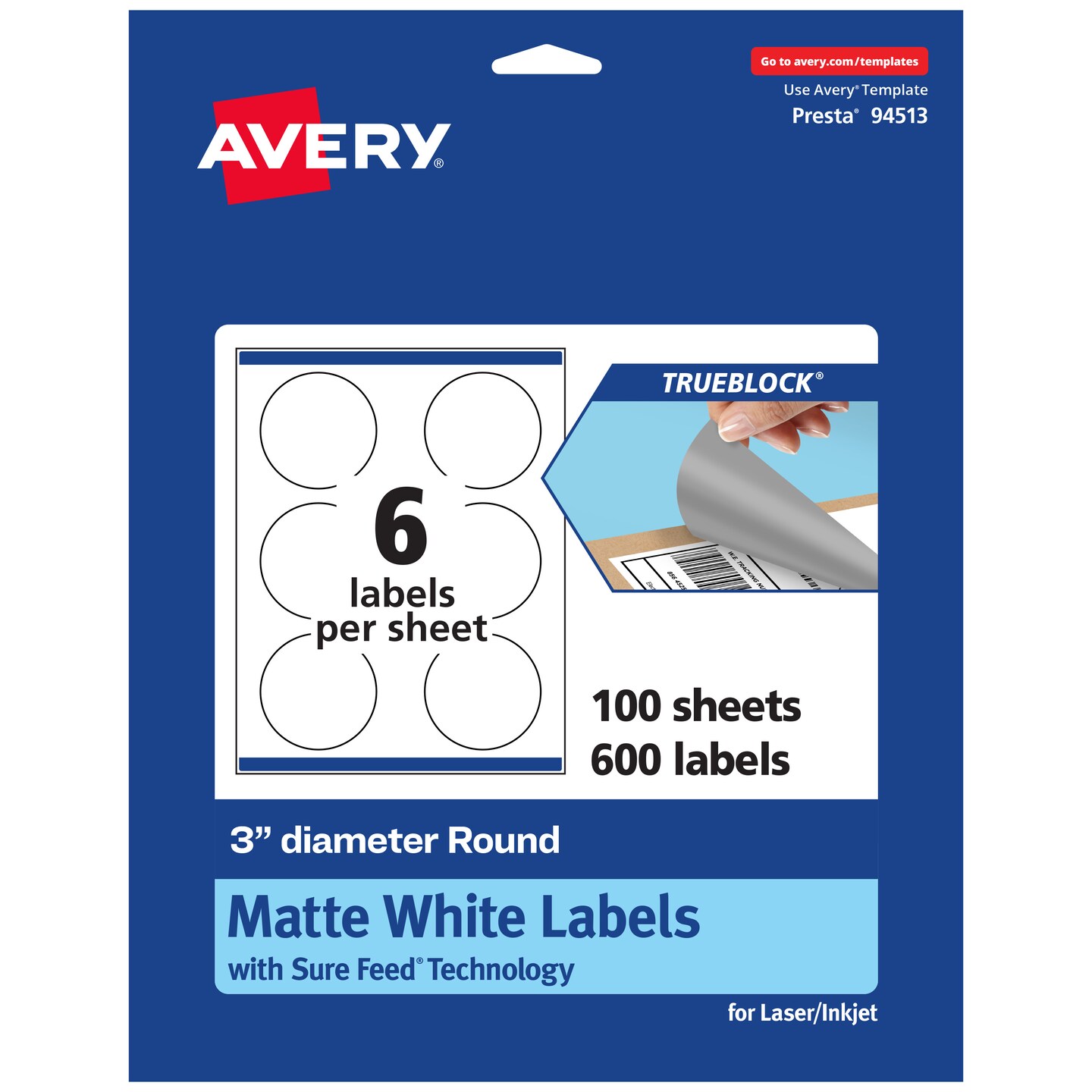 Avery TrueBlock Matte White Paper Labels,  3&#x22; diameter Round