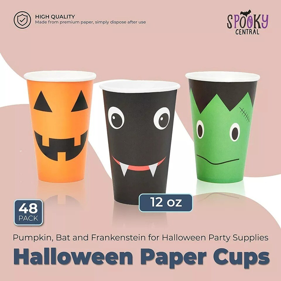 48 Pack Halloween Paper Cups,12 oz Disposable Pumpkin Bat Frankenstein for Party
