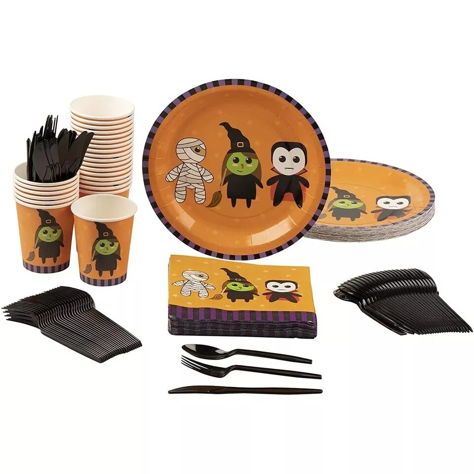144 Pcs Halloween Dinnerware Set Witch Mummy Disposable Plastic Party Supplies