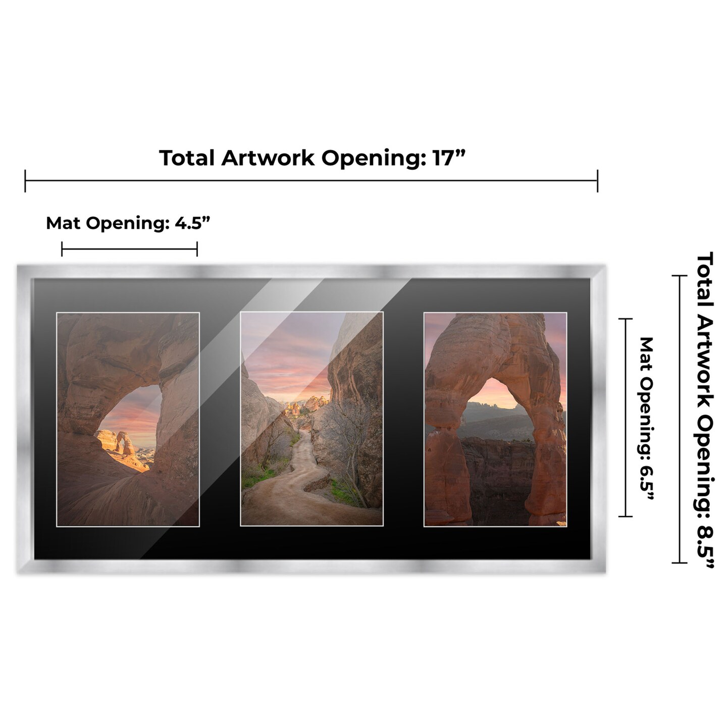 Stainless Steel Silver Wood Finish Collage Frame - Black Mat, 20 Frame Sizes to Choose From, UV Acrylic, Wall Hanging Hardware, Vertical or Horizontal Display