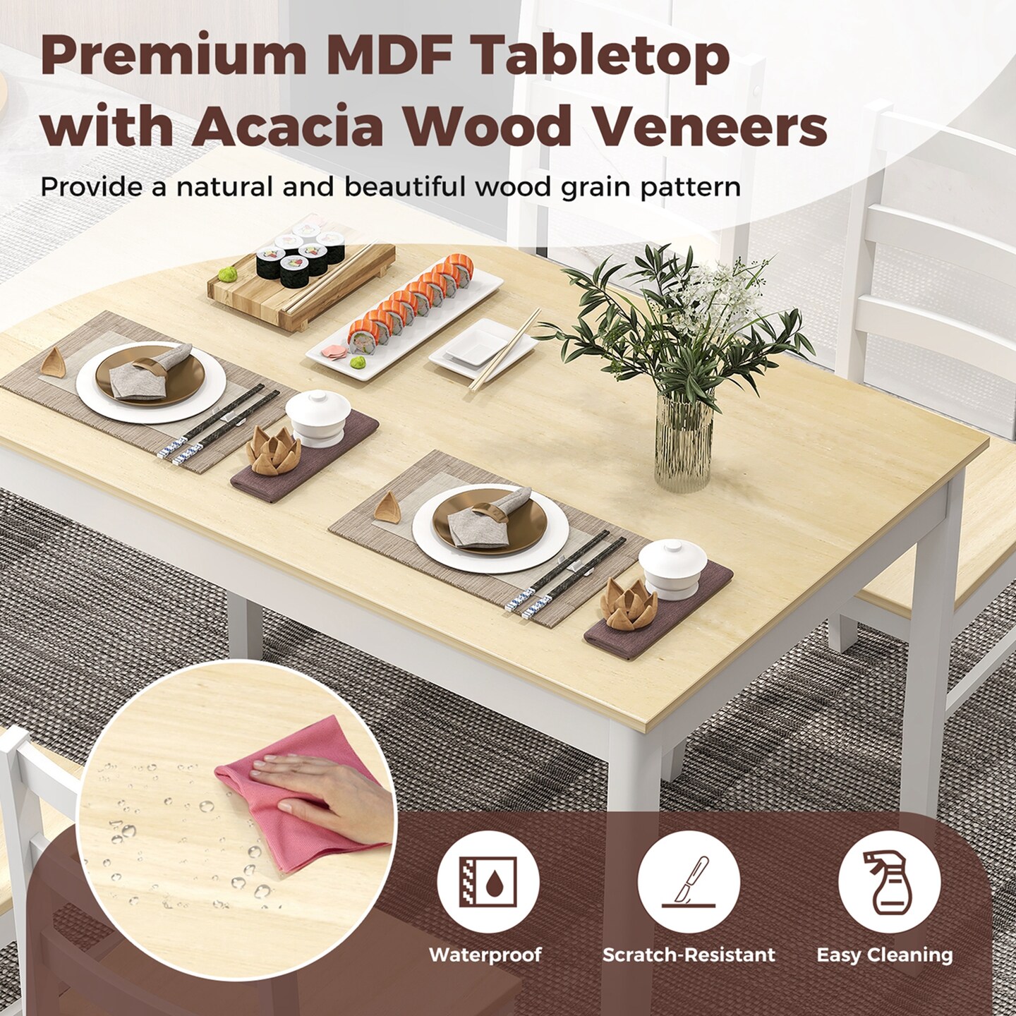 Costway 5-Piece Dining Set Solid Wood Kitchen Furniture with Rectangular Table &#x26; 4 Chairs Natural/Coffee/Grey