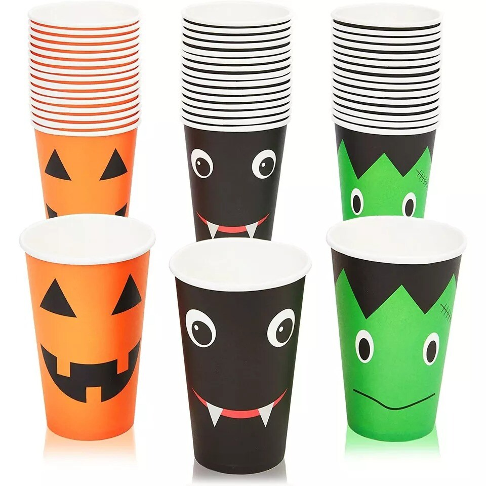48 Pack Halloween Paper Cups,12 oz Disposable Pumpkin Bat Frankenstein for Party