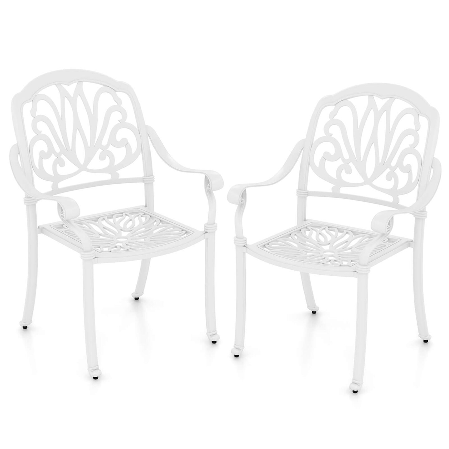 Costway 2 PCS Patio Cast Aluminum Dining Chairs Armrests Outdoor Stackable Brown/White