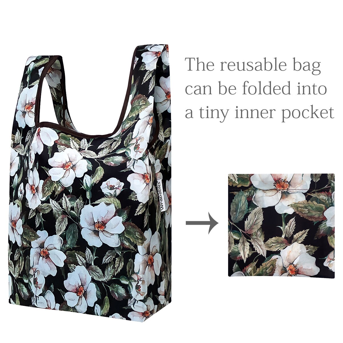 Wrapables Small JoliBag Nylon Reusable Grocery Bag, 2 Pack, White Flowers