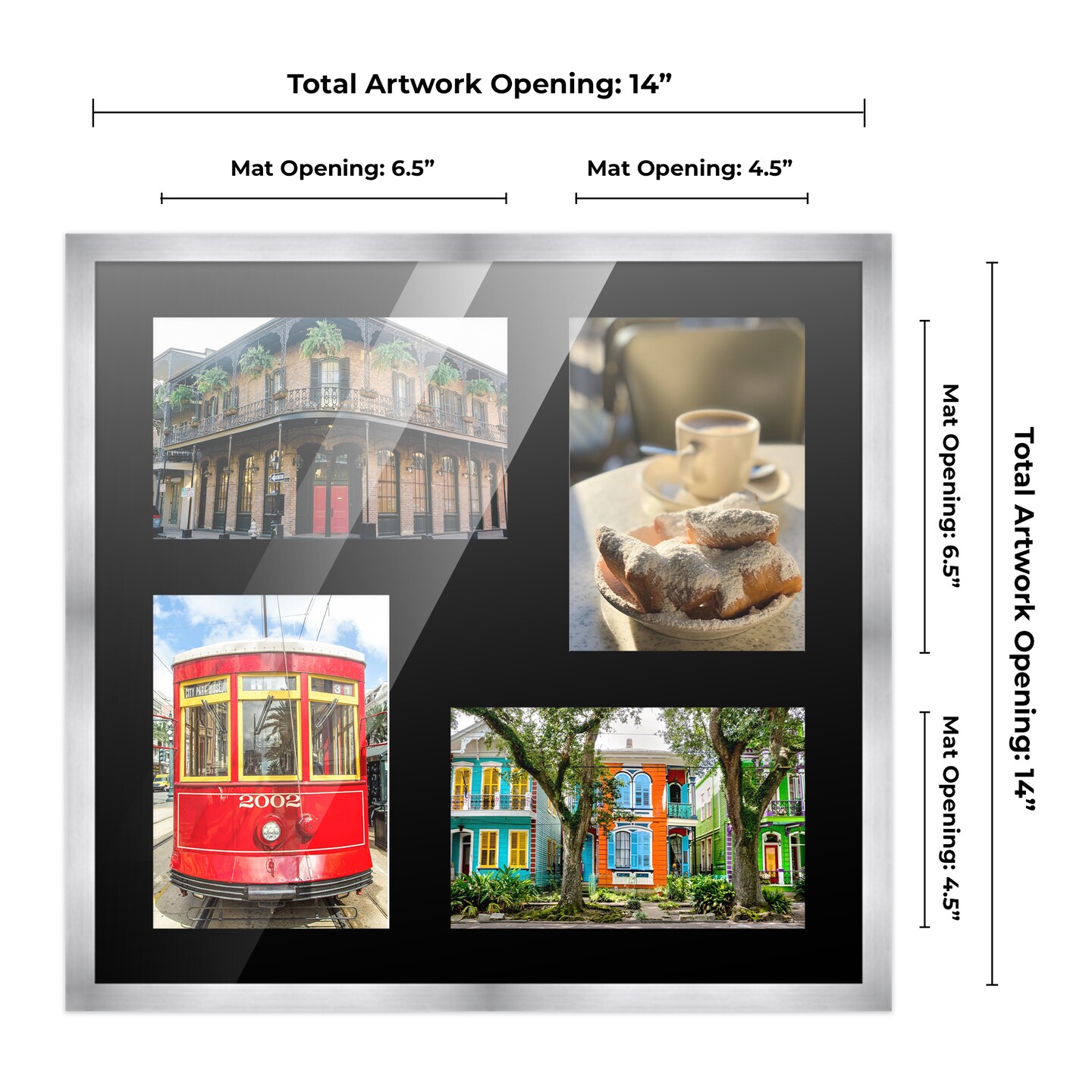 Stainless Steel Silver Wood Finish Collage Frame - Black Mat, 20 Frame Sizes to Choose From, UV Acrylic, Wall Hanging Hardware, Vertical or Horizontal Display