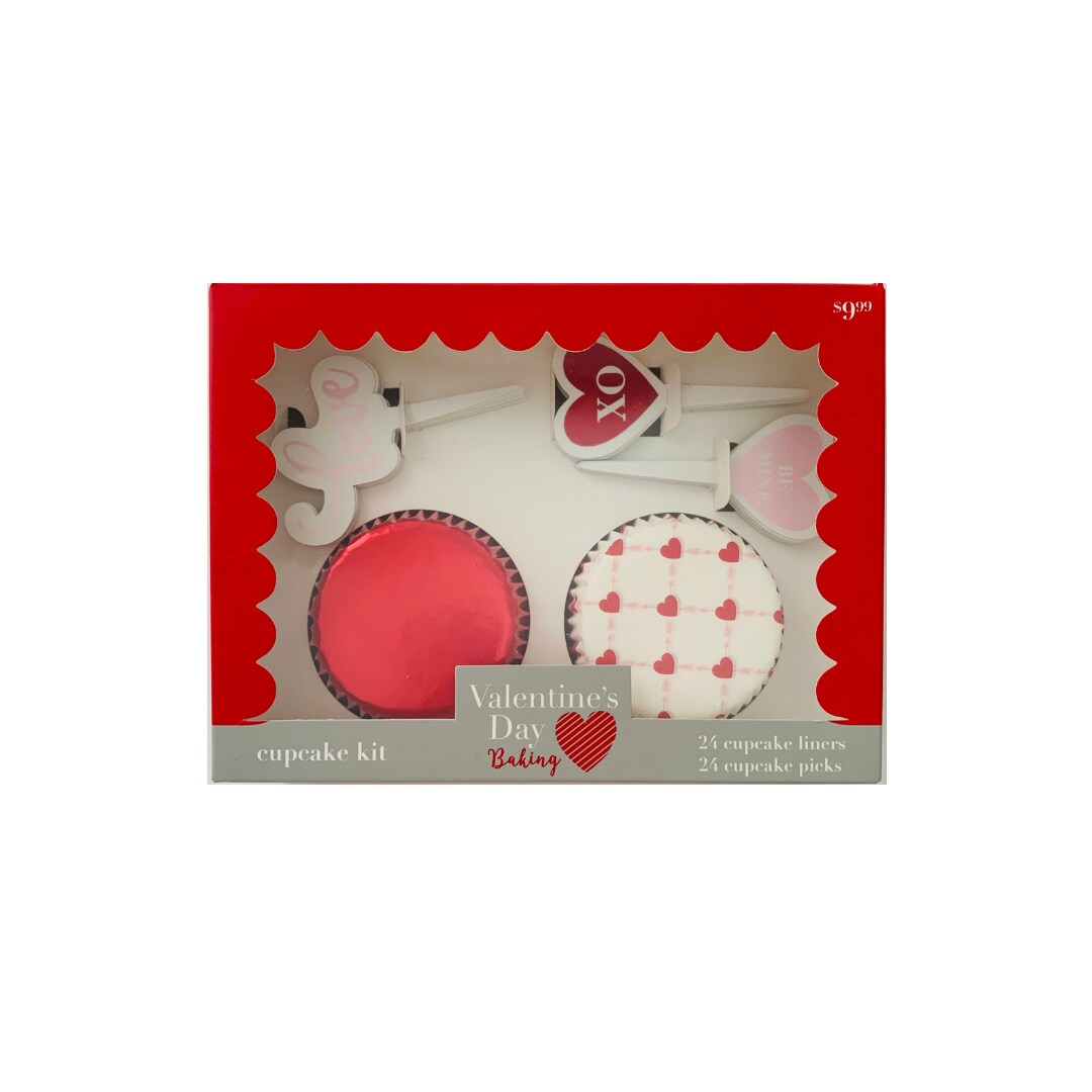 Valentine's Cupcake Kit: Red Liners, Heart Toppers & Love-Themed Decor