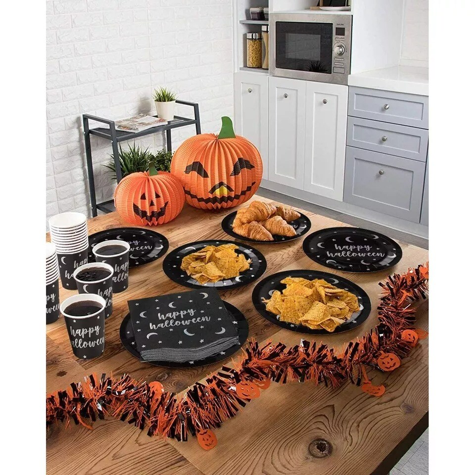 72 Piece Halloween Party Decor Pack with Plates, Napkins, Cups, Serves 24, Black