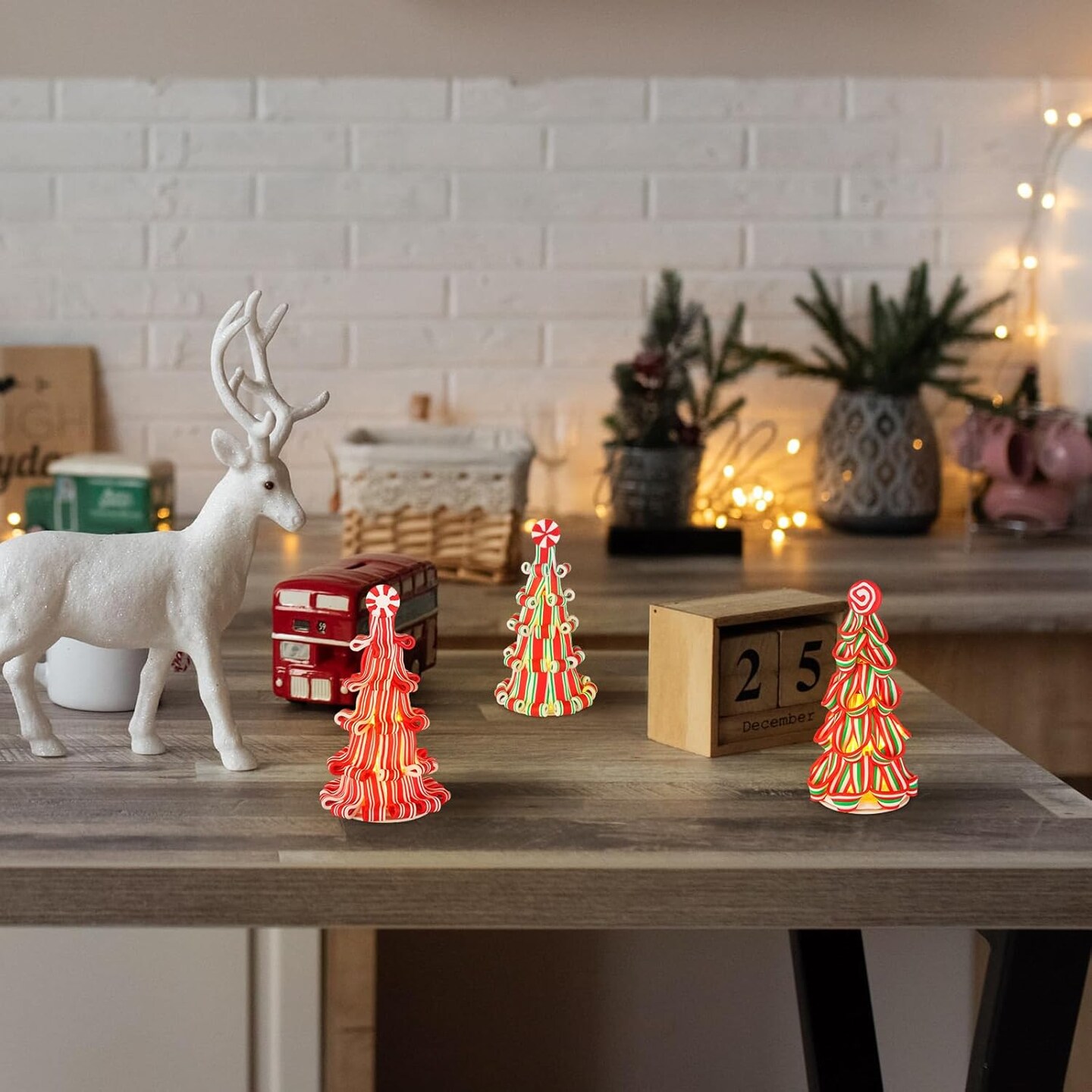 3 Pcs Christmas Ribbon Candy Tree Tabletop Decor - 7 Inches (Red, White, Green)