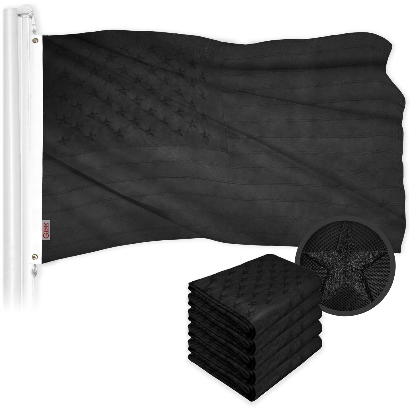 G128 5 Pack: All Black American USA US Flag 3x5 ft Embroidered Stars Sewn Stripes Brass Grommets