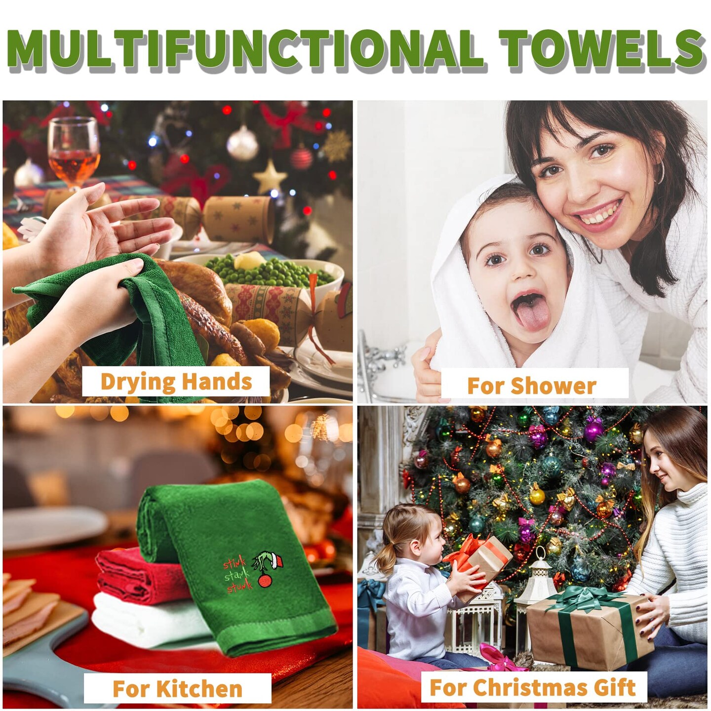 Malldii Large Size Christmas Hand Towels 16&#x22; x 27&#x22;, 100% Pure Cotton Bathroom Decorative Towels Washcloths Kitchen Merry Christmas Towels Perfect Christmas Decor, Pack of 3