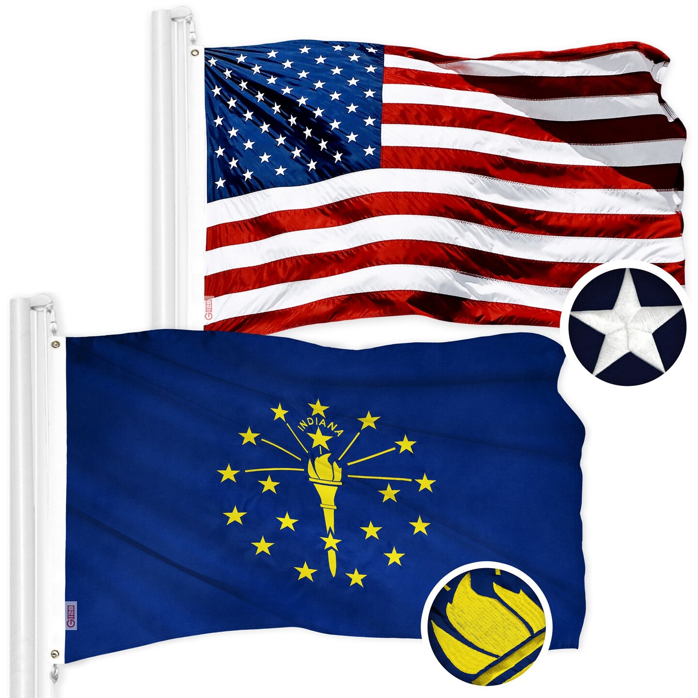 G128 Combo Pack: American USA Flag 2.5x4 Ft &#x26; Indiana IN State Flag 2.5x4 Ft | Both ToughWeave Series Embroidered Polyester, Embroidered Design, Indoor/Outdoor, Brass Grommets