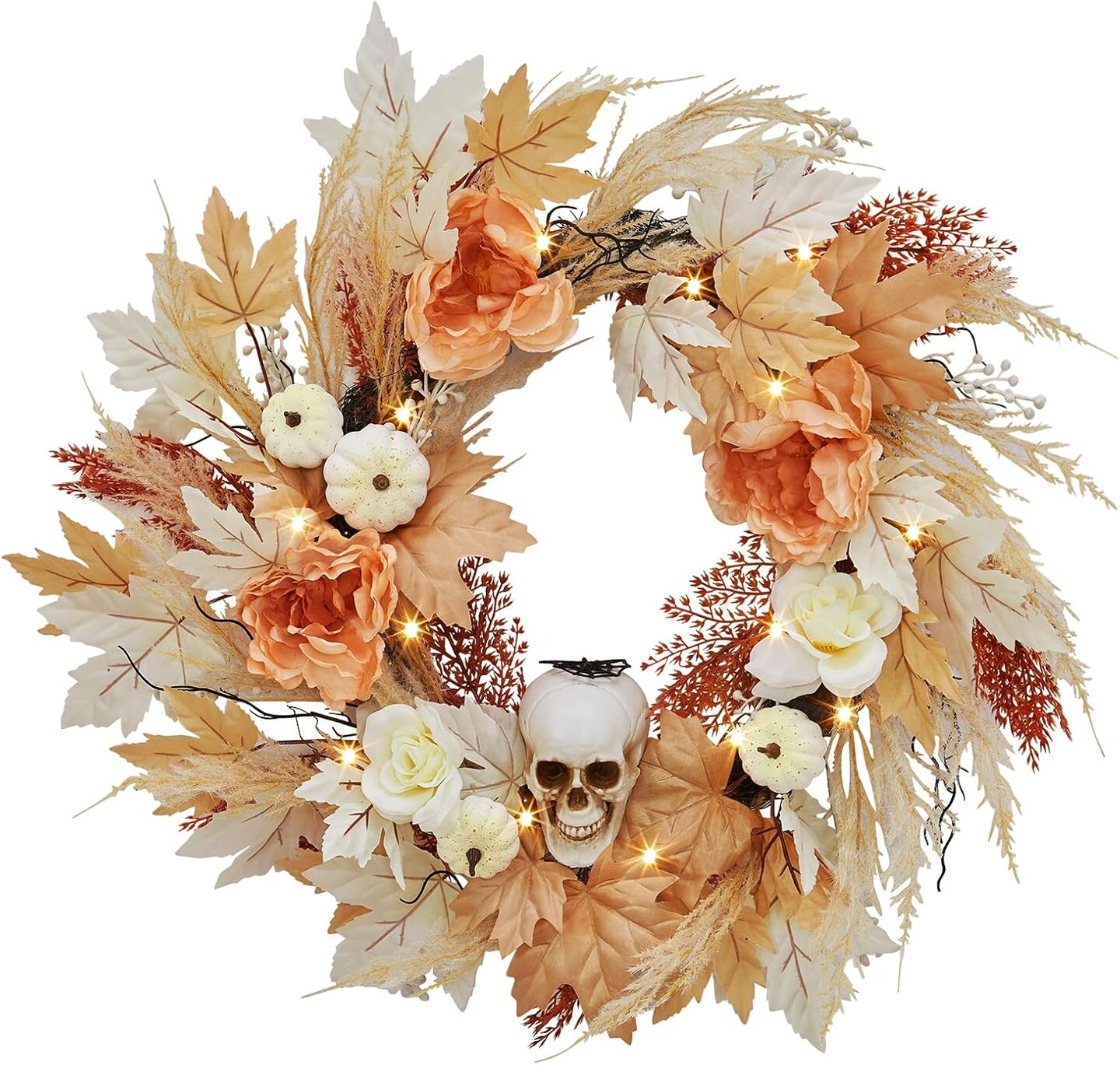 22 Inch Halloween Skull Wreath with Lights, White Pumpkins Roses