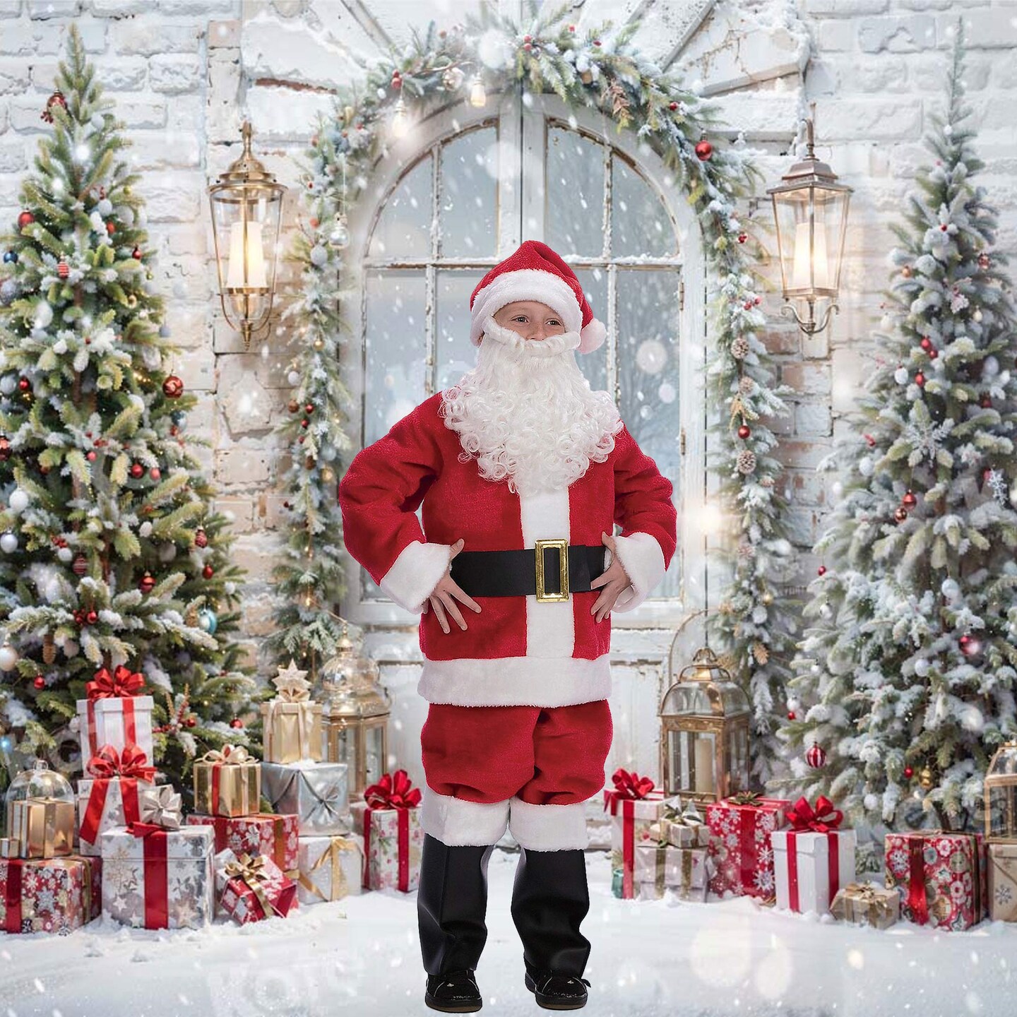 Childs Plush Santa Suit Red and White Costume with Beard Hat and Boot Tops