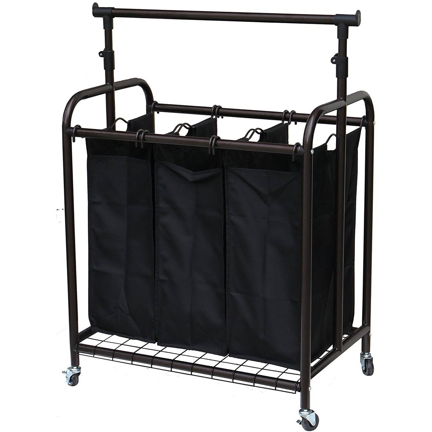 Bronze-Black Polyester 3-Bag Laundry Sorter Hamper with Adjustable Hanging Bar and Casters