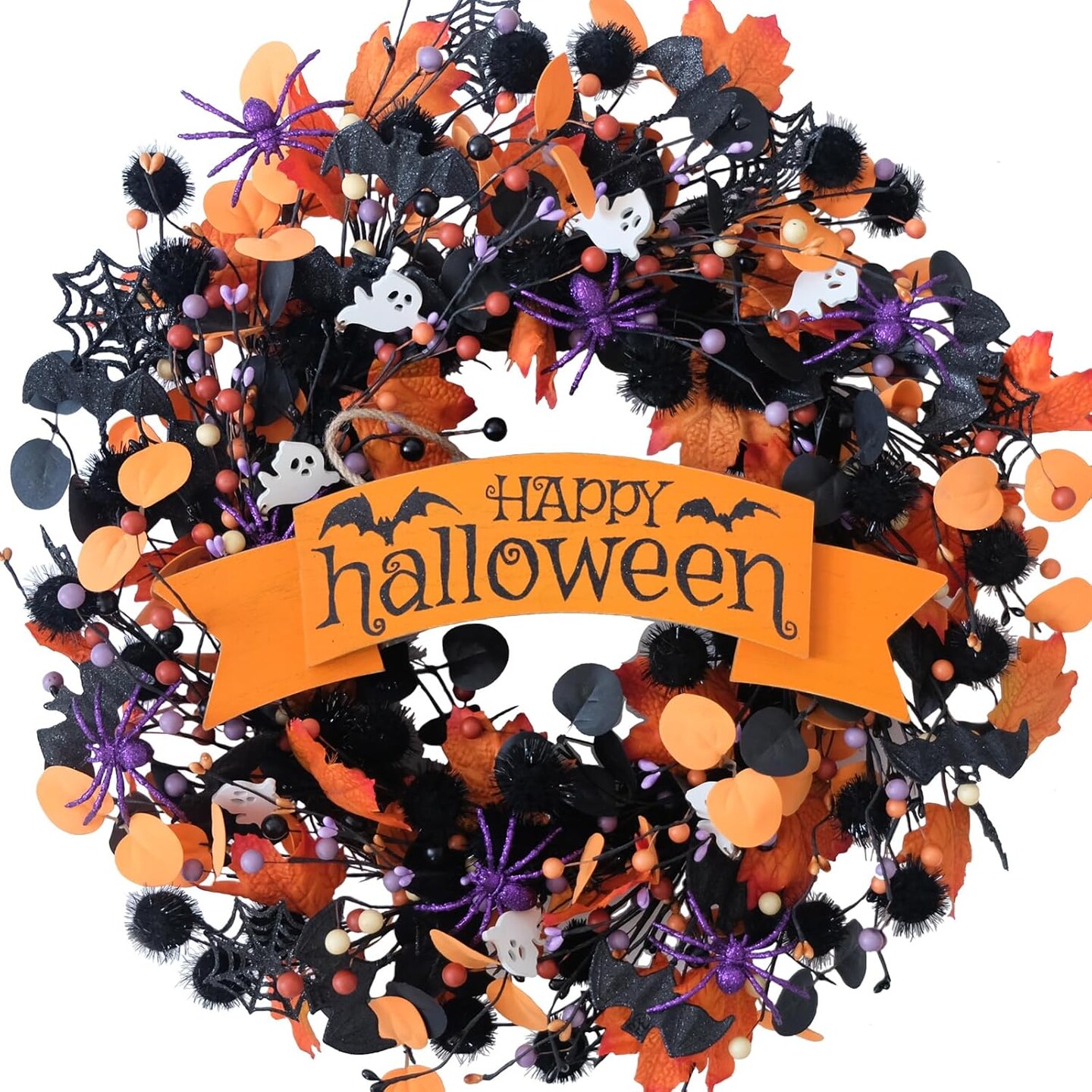 22 Inch Halloween Orange Black Boxwood Wreath