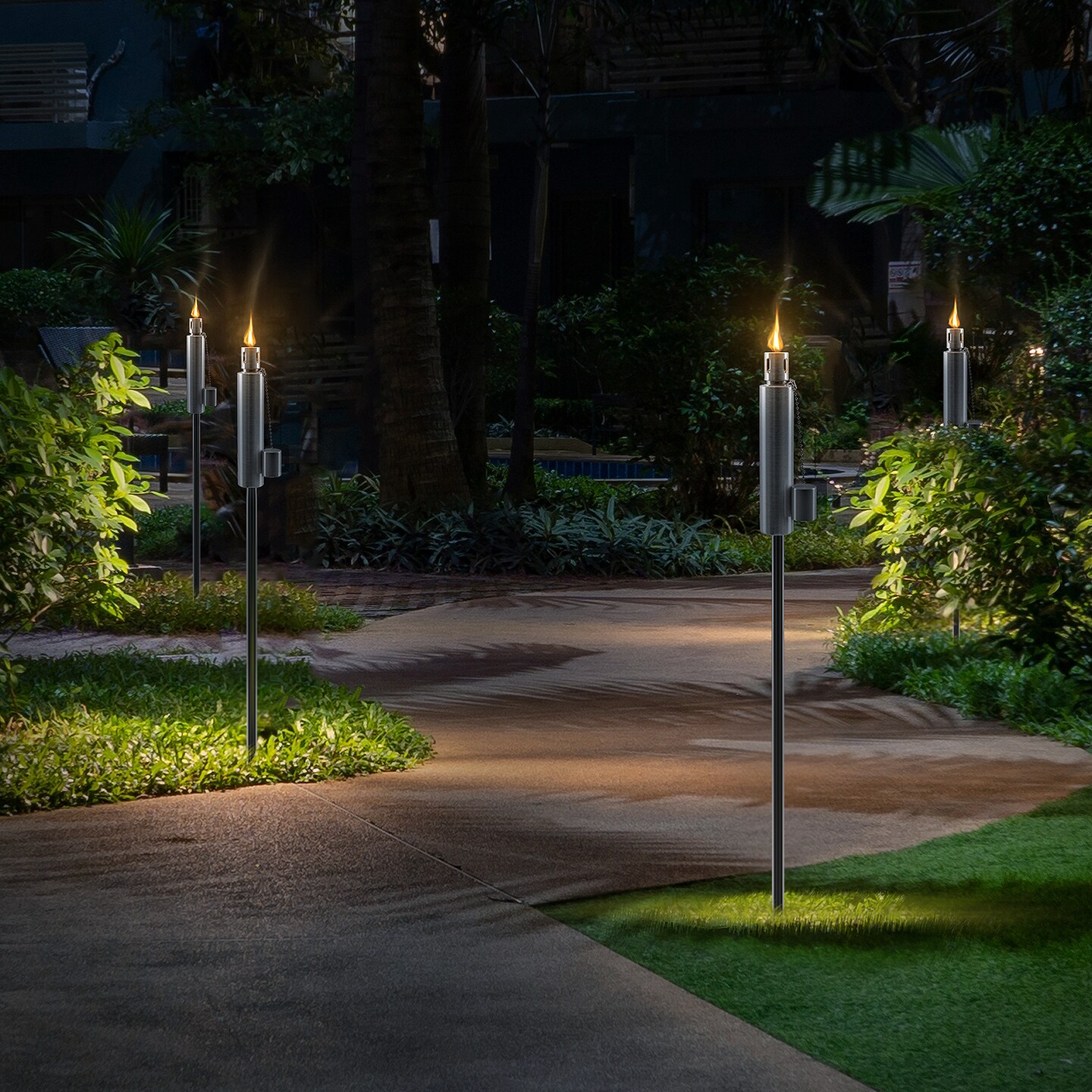 Sorbus Set of 4 Stainless Steel 5ft Outdoor Torches - Decorative Garden & Yard Lights - Fiberglass Wick & Snuffer Cap