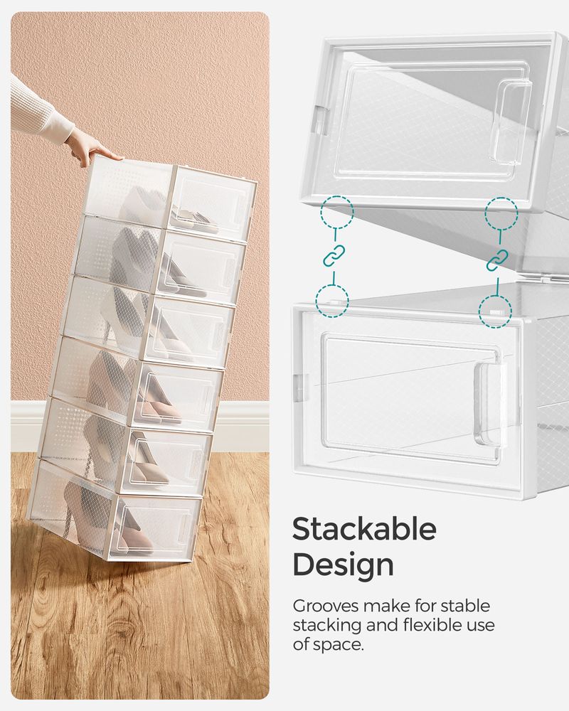 Transparent-White Stackable Shoe Storage Boxes, Clear Front Door Design, Ventilated Organizer Bins, Space-Saving Closet