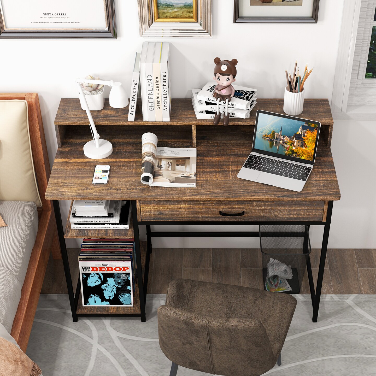 Writing Desk with Hutch, Drawer and Shelves, 42-inch Computer Desk with Power