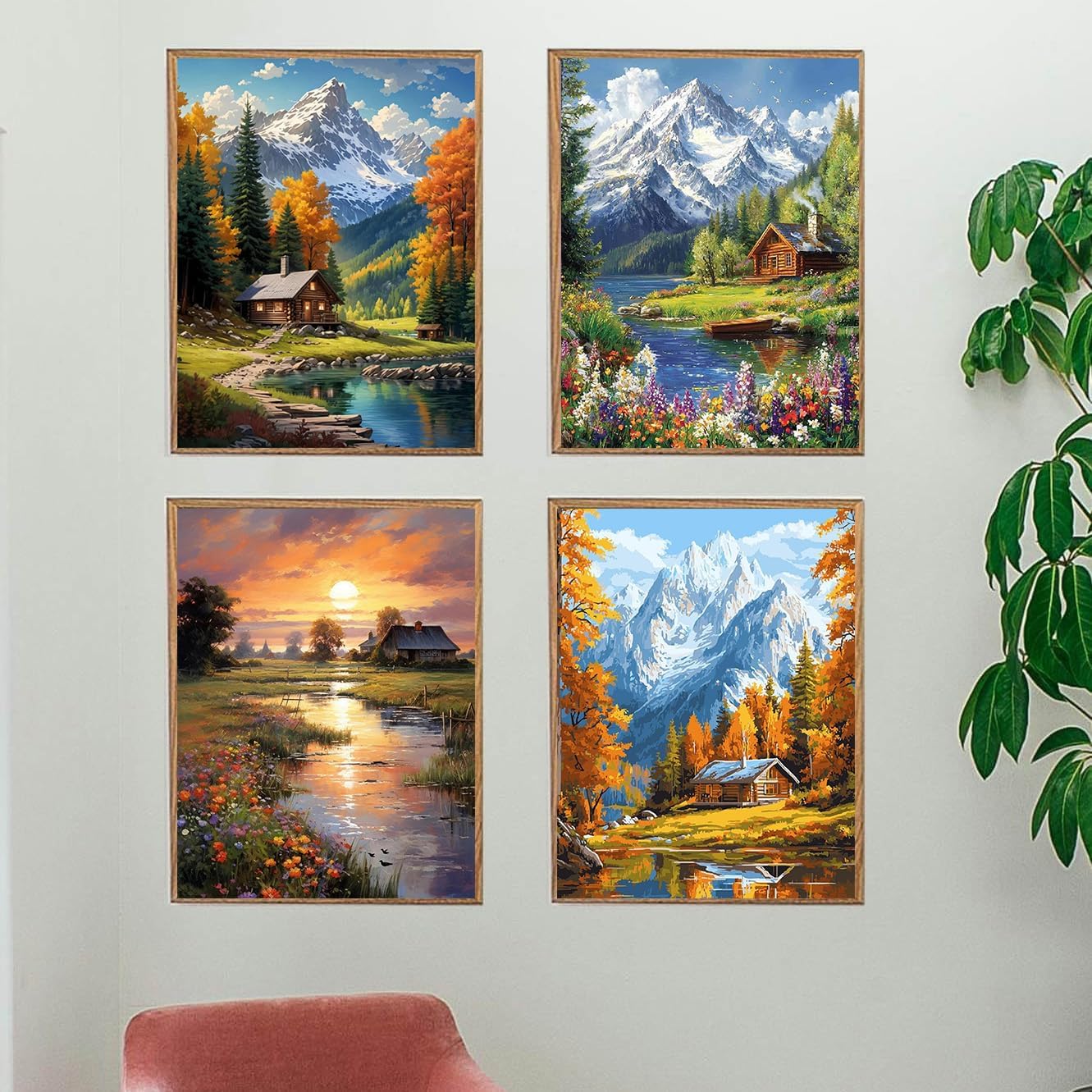 4 Pack Paint by Numbers Kit for Adults – Mountain Cabin Lake Sunset Landscape DIY Oil Painting Set on 12x16 Inch Canvas for Beginners, Wall Art & Home Decor Gift