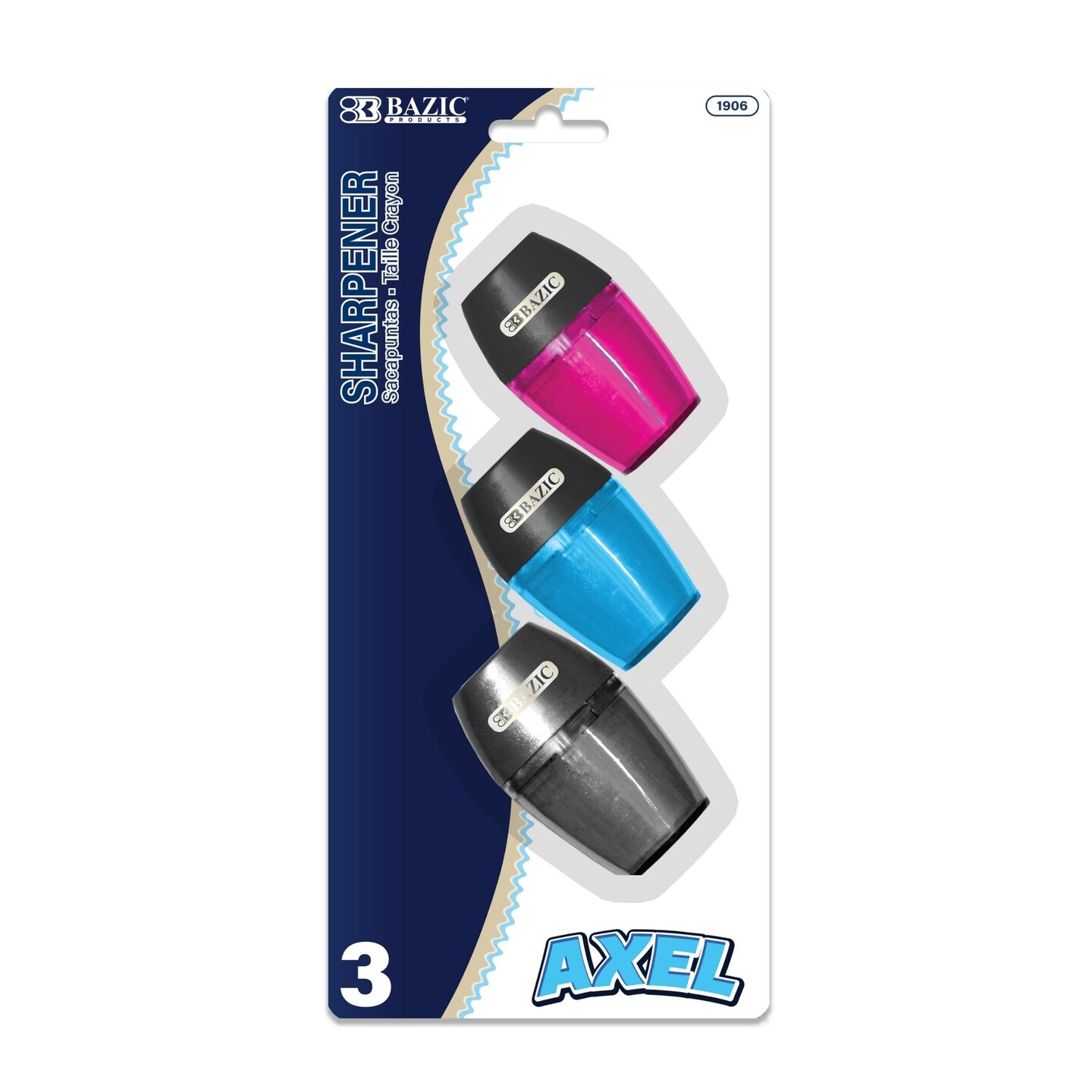 BAZIC Axel Single-Hole Pencil Sharpeners, 3 Count, With Receptacle