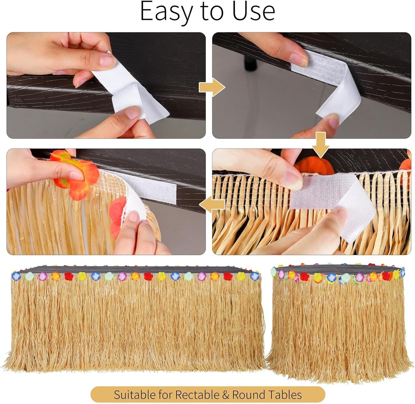 2 Pieces 9 Ft x 30 Inches Luau Grass Table Skirts with LED String Light (Natural)