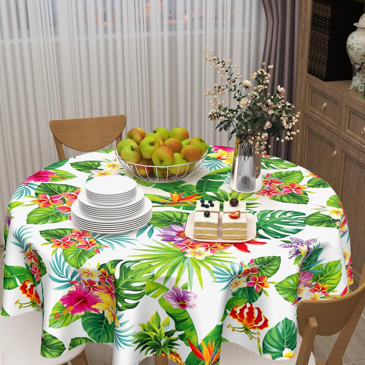 Tropical Leaves Round Tablecloth 60 Inch Summer Palm Leaf Floral Pineapple Outdoor Decorative Table Cloth Hawaiian Flower Washable Polyester Table Cover for Kitchen Dining Room Party Home Decor