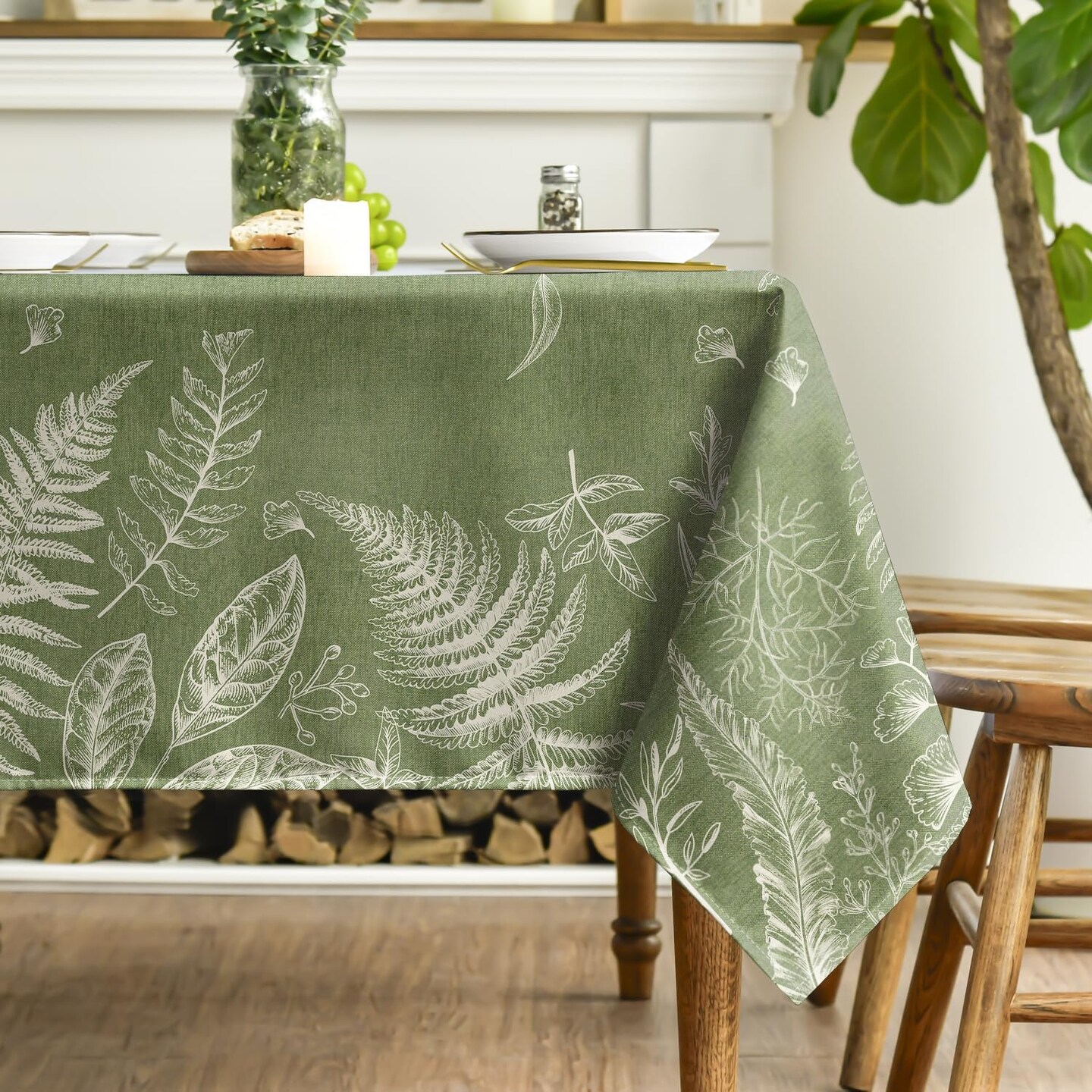 Spring Tablecloth 60×84 Inch Rectangular, Green Plants Wild Fern Washable Table Cover