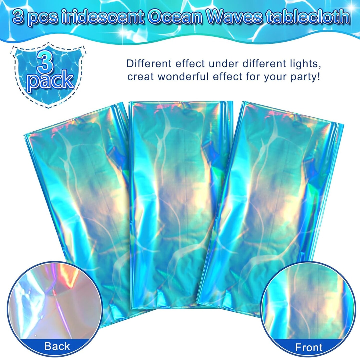 3 Pack Ocean Tablecloths Iridescent Plastic Disposable Table Cloth (54 x 108Inch)