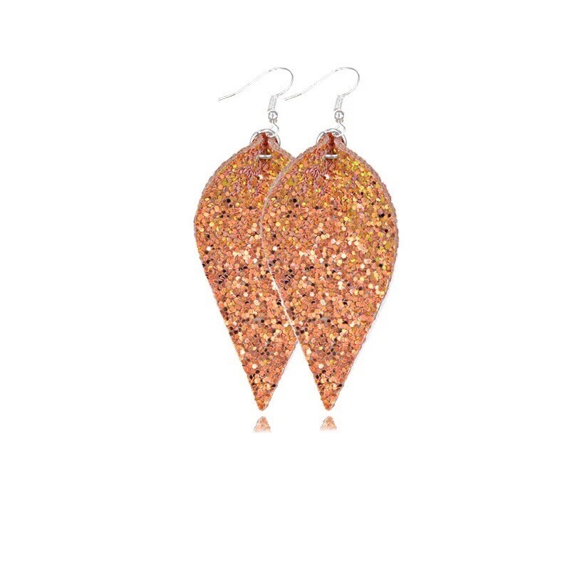 Sequined Leaf Teardrop Leather Earrings Boho Hook Drop Dangle Jewelry