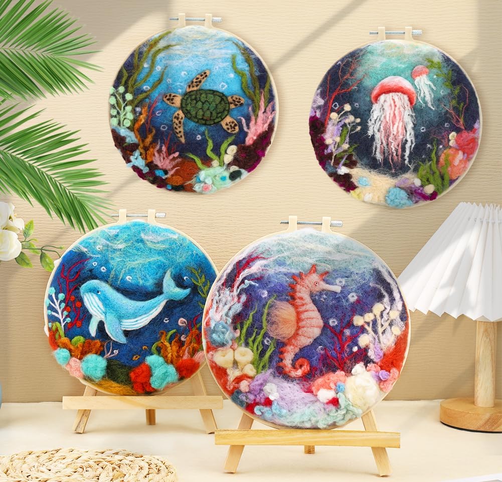 Needle Felting Kit, Wool Felting Kit for Beginners Adult with Wool, Needles, Foam Pad, Felt Cloth and Instructions &#x2013; 4 Set Sea Animals Painting Frame for Great Gift