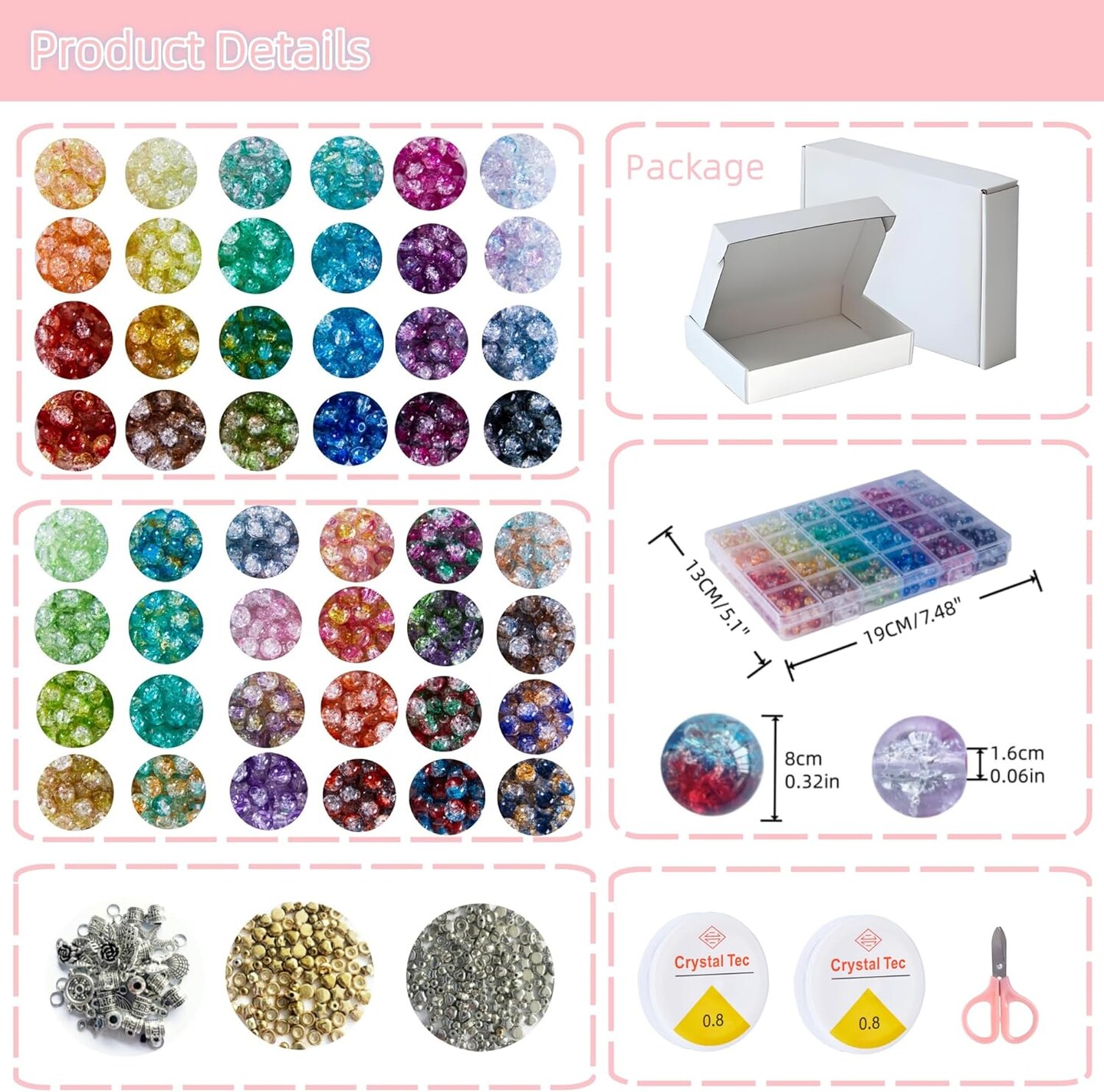 1300pcs 8mm Mixed Crackle Glass Beads – 48 Colors Crystal Kit for DIY Bracelets