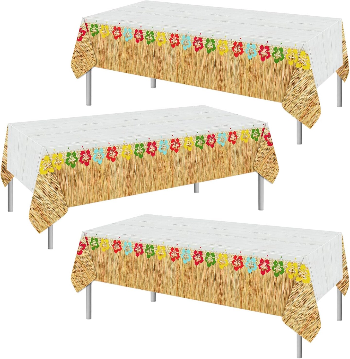 3 Pieces Hawaiian Luau Party Tablecloth Grass Skirt Tablecloths Wood Grain Flowers Plastic Table Covers