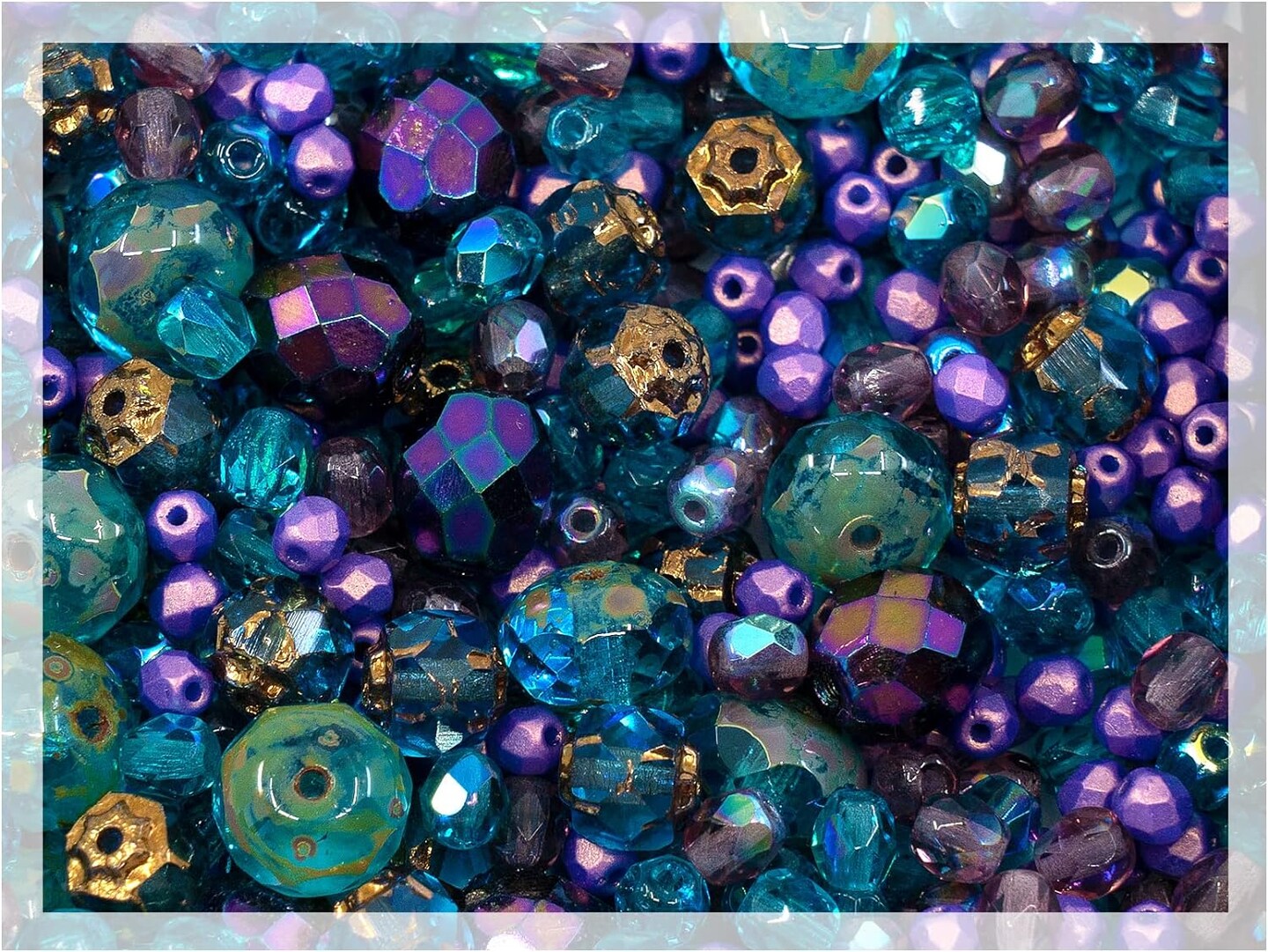 1.8oz (50g) of Blue Purple Mix of Czech Faceted Fire Polished Beads (Round, Catherdal, Rondelle)