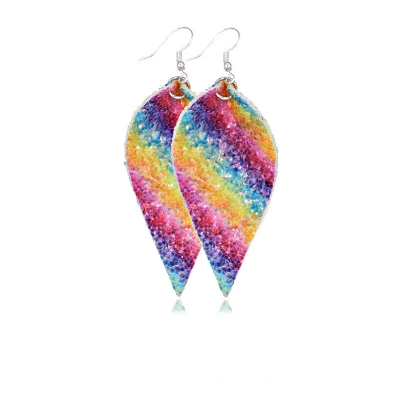 Sequined Leaf Teardrop Leather Earrings Boho Hook Drop Dangle Jewelry